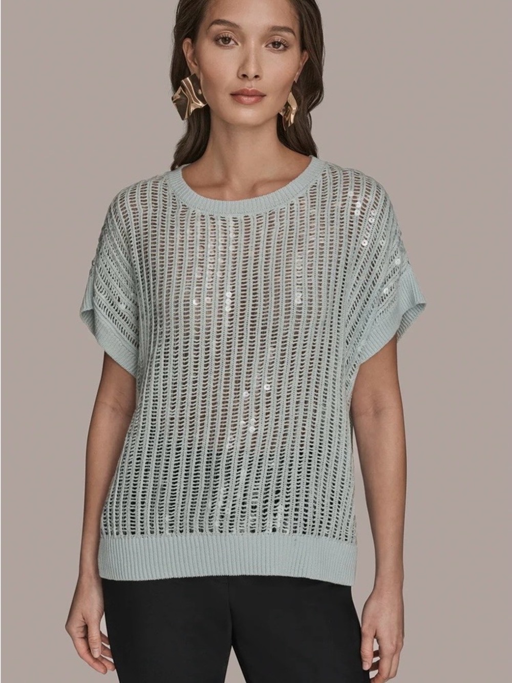 NWT Donna Karan NY Open Knit Sequin Sweater XL Mint Aqua Lightweight Pullover